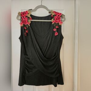 SHEIN Black Draped Tank with Pink & Gold Floral Applique